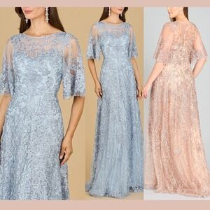 NWT LARA NY [ 16 ] 33277 Cape Sleeve Lace Embroidered Gown in Light Blue #J2025